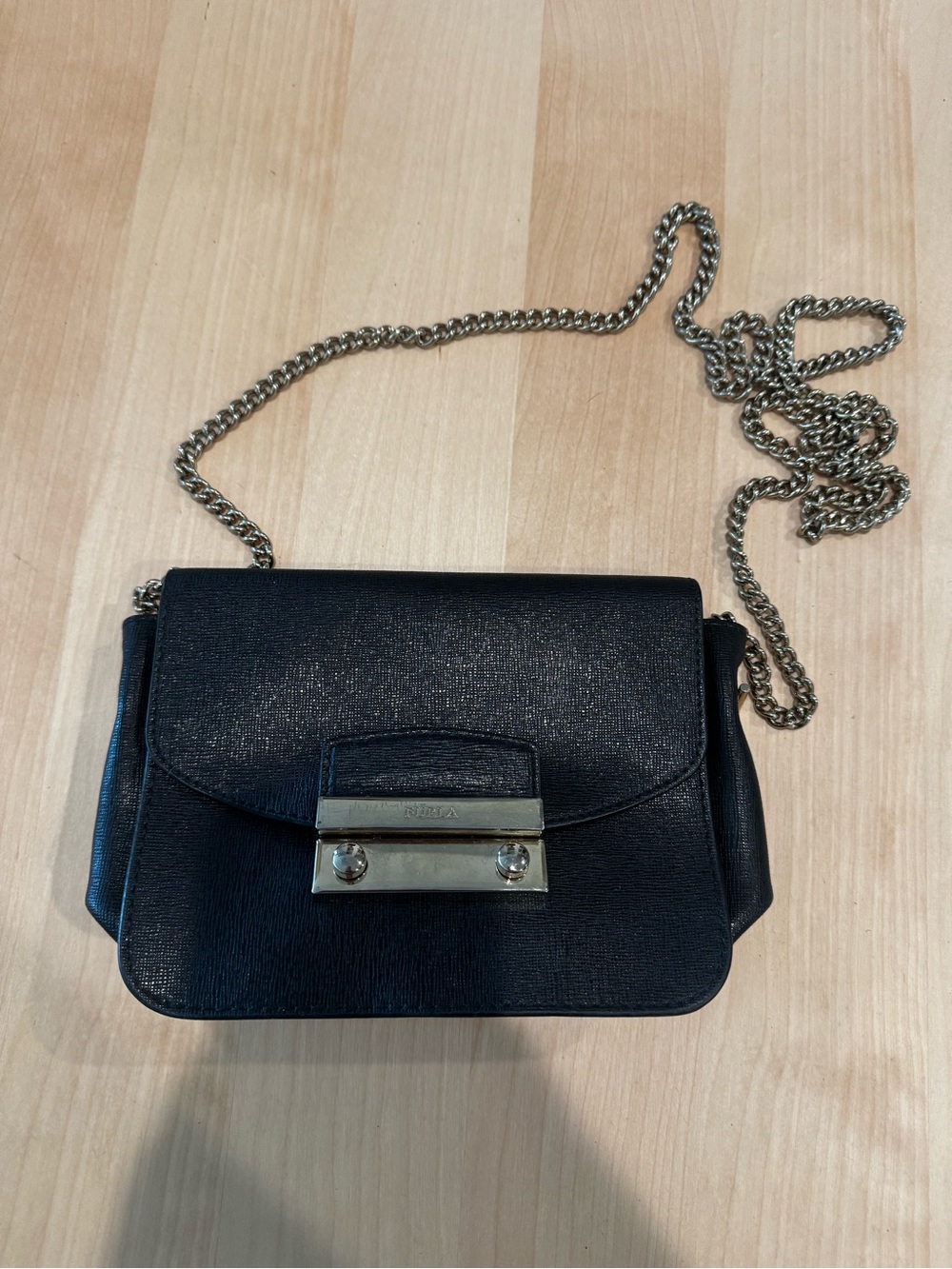 Furla Black Leather Mini Crossbody Bag with Gold-Tone Chain